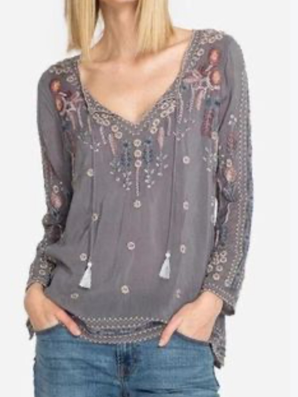 Johnny Was Santorini Tunic Blouse Embroidered V-Neck Bohemian Relaxed Flowy XL